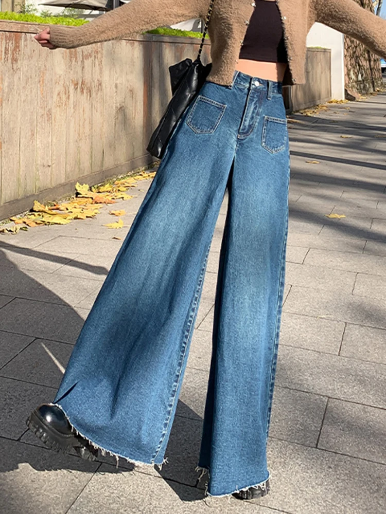 Toweling Loose Jeans Hiphop Vintage High Waist Jeans Ripped Tassel Wide Leg Baggy Jeans Mom Pants Loose Casual Straight Trousers