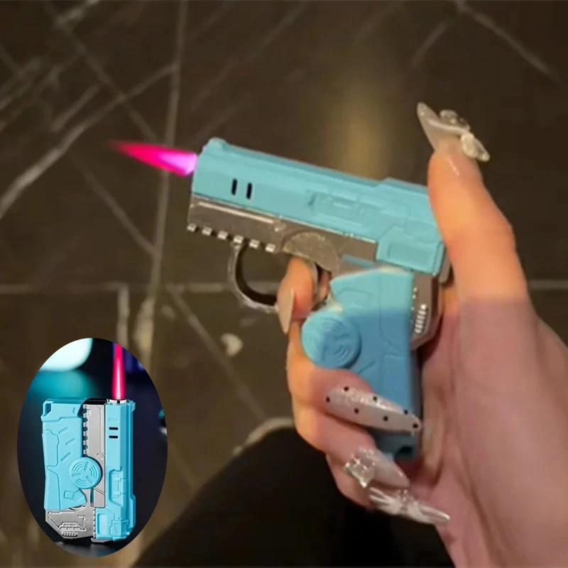 Windproof Deformable Gun Gyroscopic Lighter Butane Inflatable Portable Pink Flame Lighter Cigarette Accessories Men's Gift