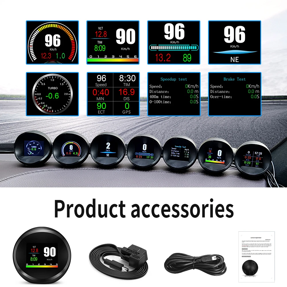 P11 OBD2 GPS Head Up Display multifunción, ordenador a bordo, reloj de voltaje de temperatura del agua con alarma de exceso de velocidad GPS