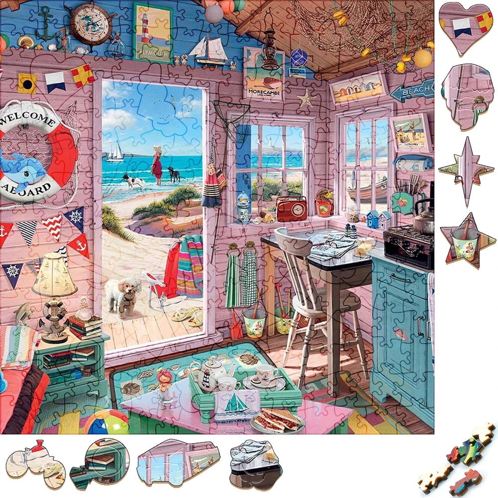 Beautiful Wooden Puzzles Pink Holiday Cottage By The Sea Wood Jigsaw Puzzle Craft Irregular Family Interactive Puzzle Gift