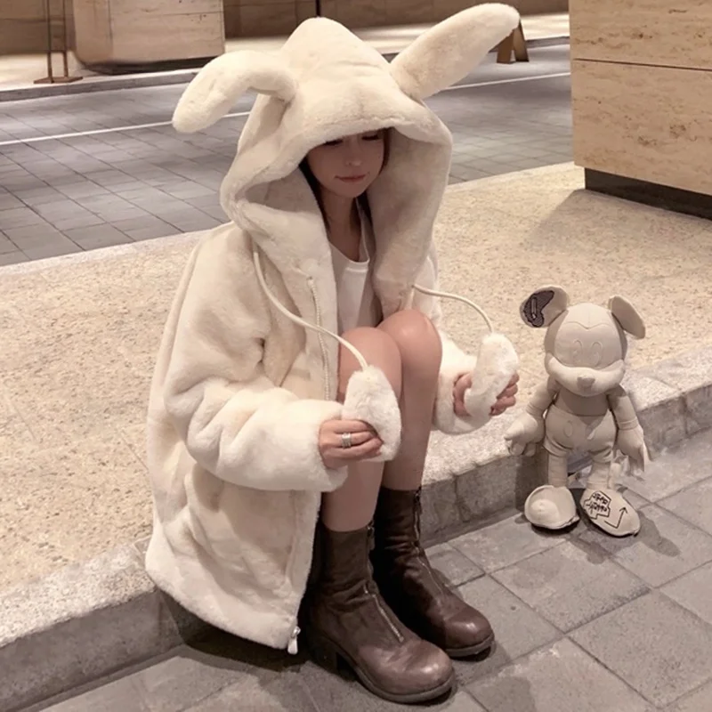 2023 Women's Plus Velvet Padded Zipper Winter Jacket Oversized Soft Harajuku Kawaii Hooded Rabbit Ears Plush Faux Cashmere Coat