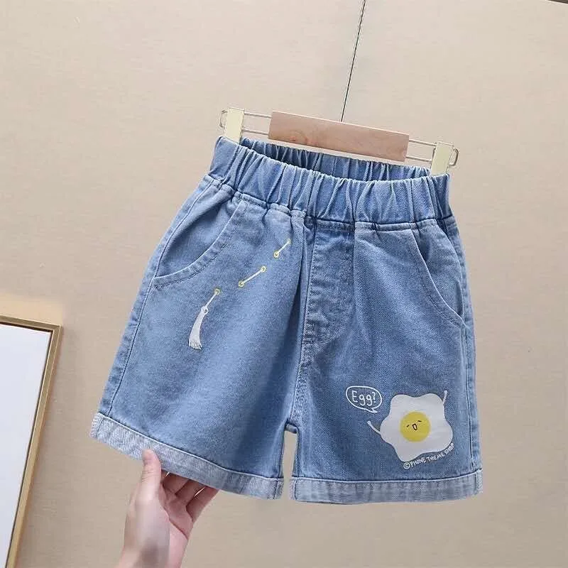 Summer Kids Clothes Girls High Waist Casual Denim Shorts Pocket Tassel Perforated Fashion Shorts Egg Bottom Bowkont Outdoor