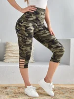 Plus Size Women's Camo Capri Leggings with Side Stripe Cutouts Stylish High Elasticity Knit Sporty  Fashionable Casual Pants