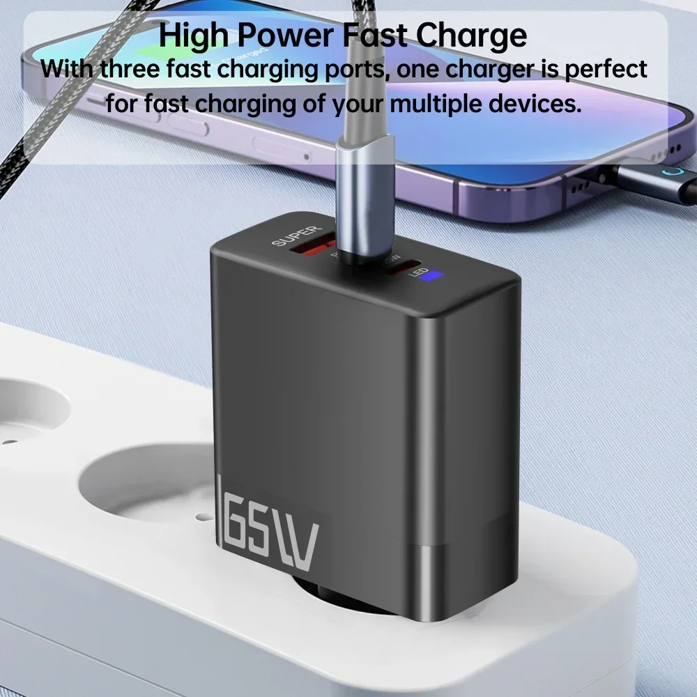 65W 3 Ports USB Charger With LED Fast Charging Phone Charger For iPhone Samsung Xiaomi Huawei Type C Quick Charge Wall Adapter