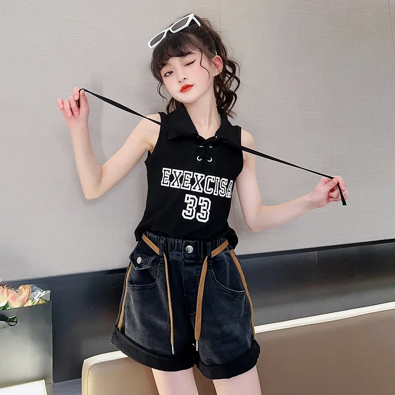 

Children's Clothing Summer Girls Lapel Lace-up Design Sleeveless Pullover Top + Black Denim Shorts 2pcs Fashion Outfit Set 4-14Y