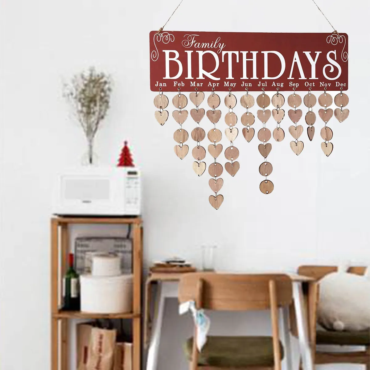 나무로 만든 걸이형 달력 레드 보드 플라크 DIY 생일 알림 50개의 원형 50개의 하트 펜던트 홈 장식 걸이형 달력 나무