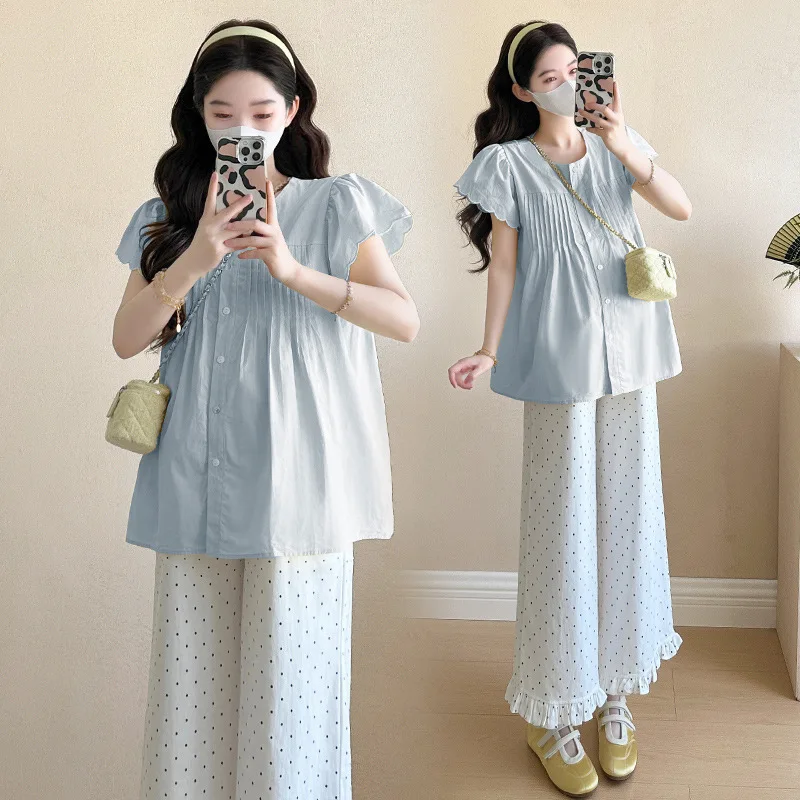 임산부 여름용 스윗하고 귀여운 통기성 좋은 러플 소매 블라우스와 물방울 무늬 와이드 레그 팬츠 투피스 세트