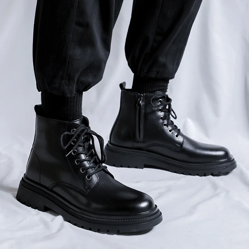 

men casual ankle boots black trendy genuine leather shoes business office dress cowboy platform boot spring autumn short botas