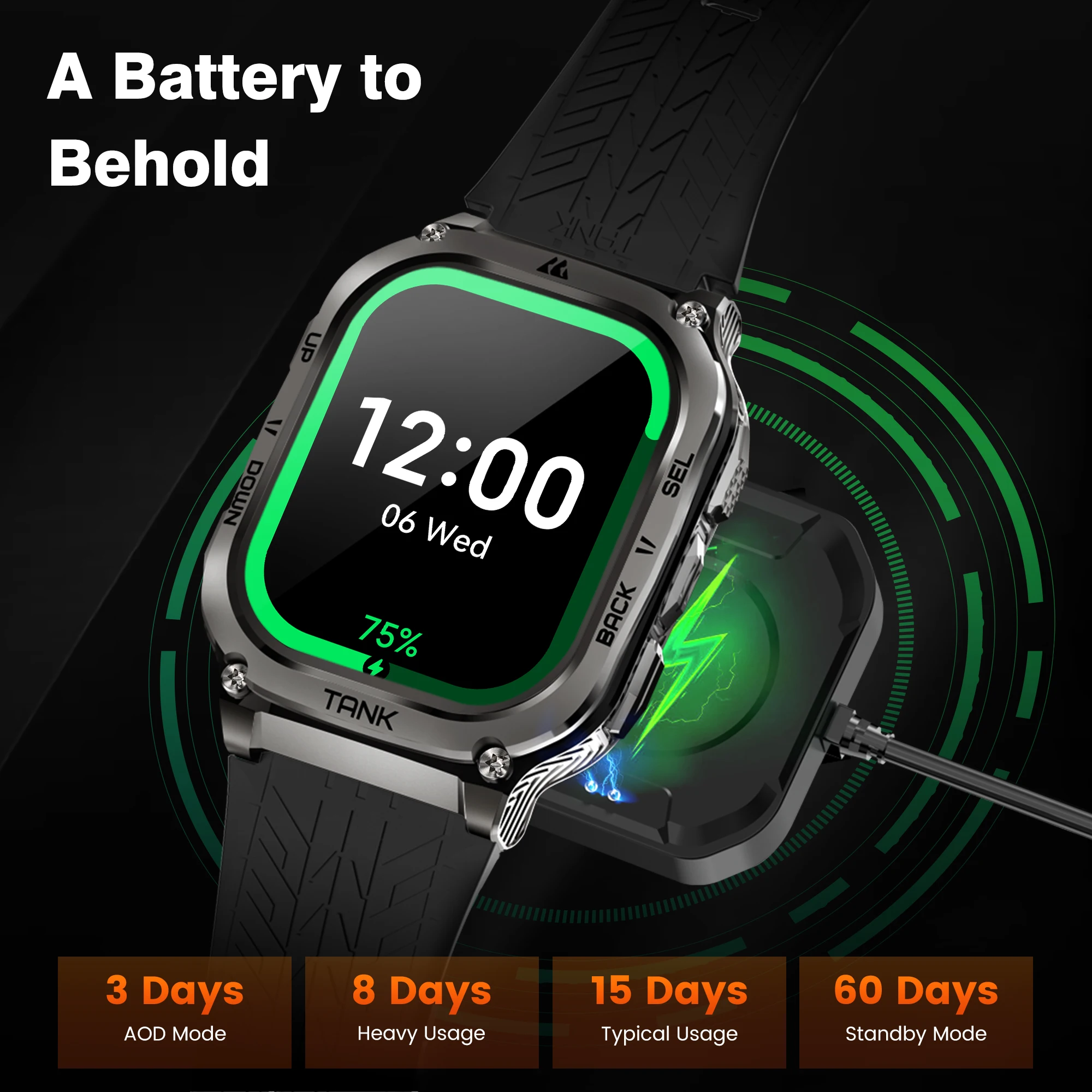 KOSPET 탱크 M3 남성용 스마트 워치, 여성용 스마트 워치, 전자 디지털 피트니스 AMOLED AOD 블루투스 워치, 480mAh, 정품 