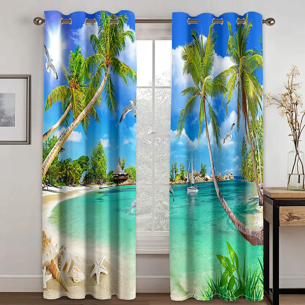 

Занавески с цифровым принтом, полукруглые полупрозрачные шторы для гостиной с изображением морского тропического пляжа, заката, пейзажа, люверсы, 2 шт.