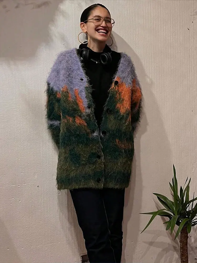 HH Women Colorful Print Long Cardigan Single Breasted V Neck Knitted Sweater Coats Autumn Loose Casual Maternity Outfit