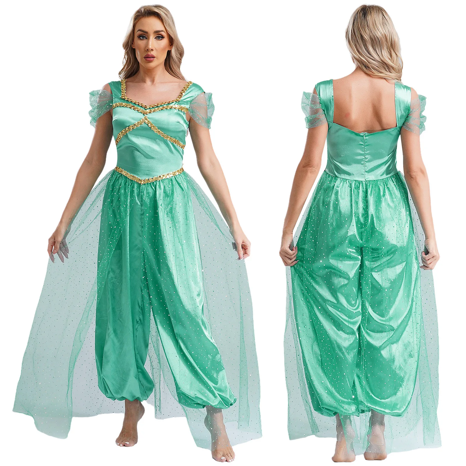 Womens Adult Arabic Arabian Princess Jasmine Cosplay Costume Sequin Trim Pumpkin Pants Belly Carnival Overlay Romper Jumpsuit