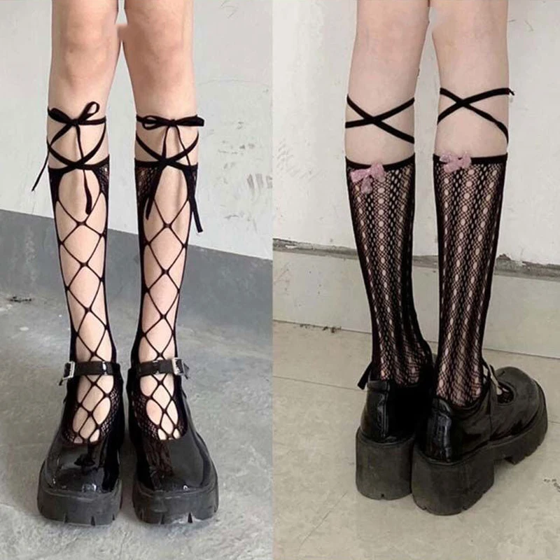 

Japanese Woman Thigh High Stockings Gothic Black Hollow Jacquard Bow Mesh Lace Stockings Female Harajuku Over The Knee Socks