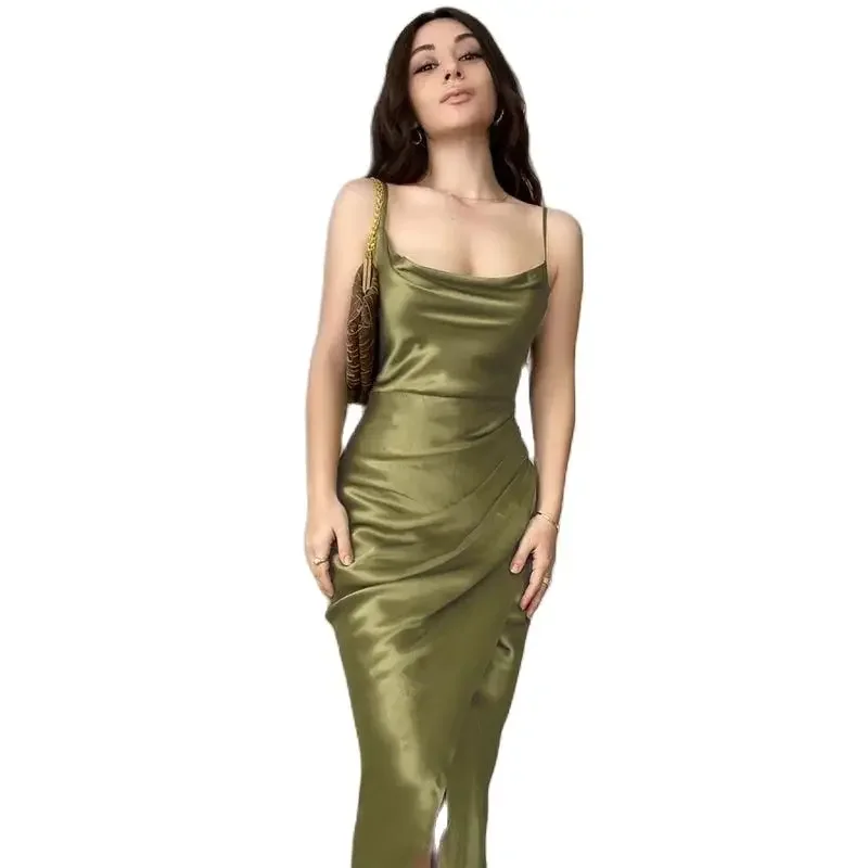 

New Silky Satin Low-cut Suspenders Dresses Women Sexy Party Casual Split Hem High Waist Dress Female Slim Fit Backless Long Gown