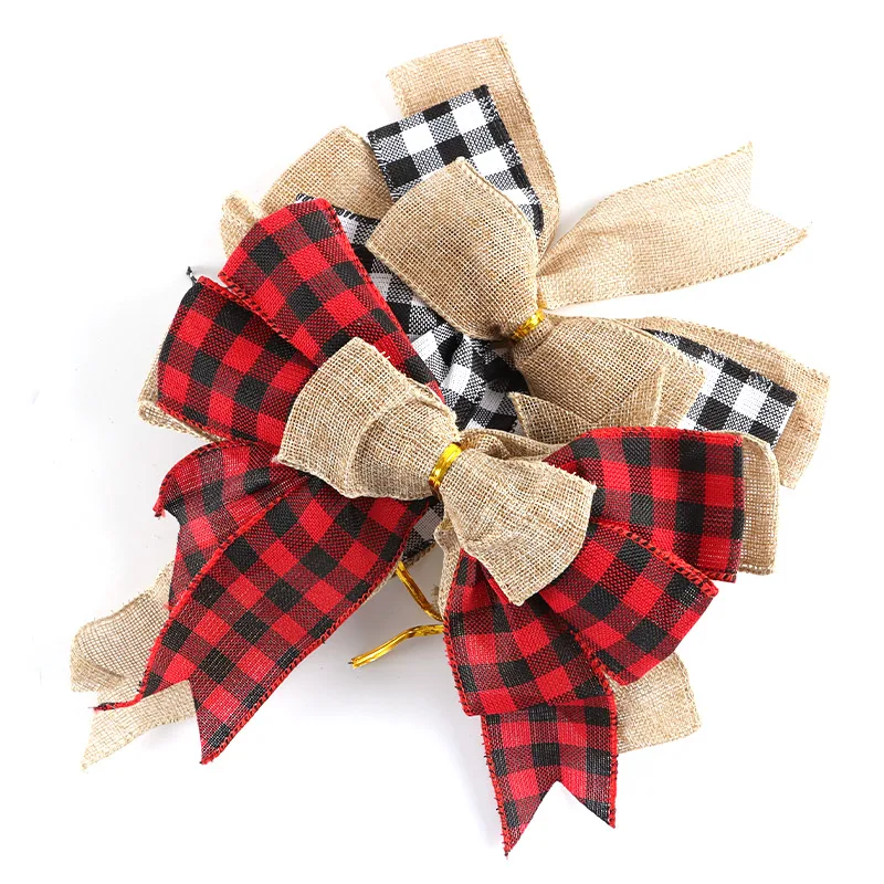 1 Pcs 23.8*22.9cm Christmas Plaid Handmade Bow Christmas Lootabgs Linen Bows New Year Christmas Tree Decoration Creative DIY