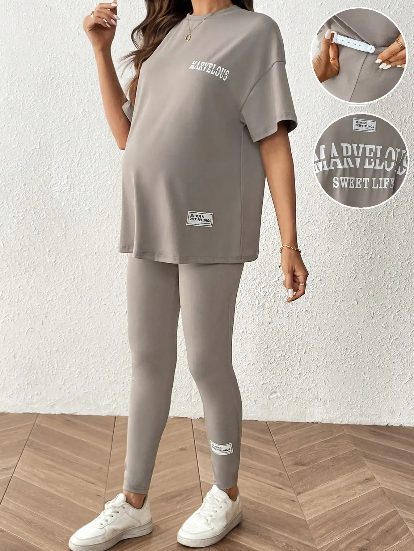 Gray casual pregnant women large size round neck short sleeve nine-point pants home two-piece set