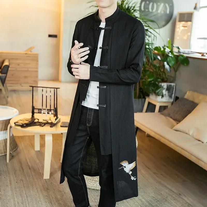 New Men's Linen Embroidery Crane Coat Kimono Vintage Long Gown Jacket Chinese Style Loose Male National Streetwear