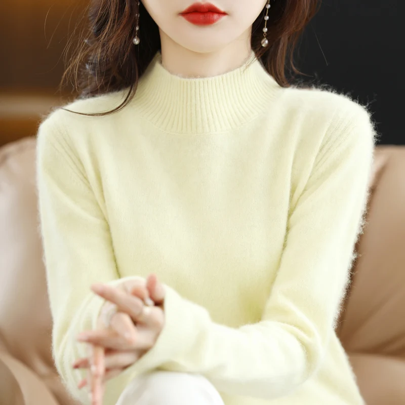 여성용 밍크 벨벳 스웨터, 세미 하이 칼라 풀오버, 캐주얼 뜨게 패션, 루즈 탑, 한국 버전, 100% 가을 및 겨울 신상