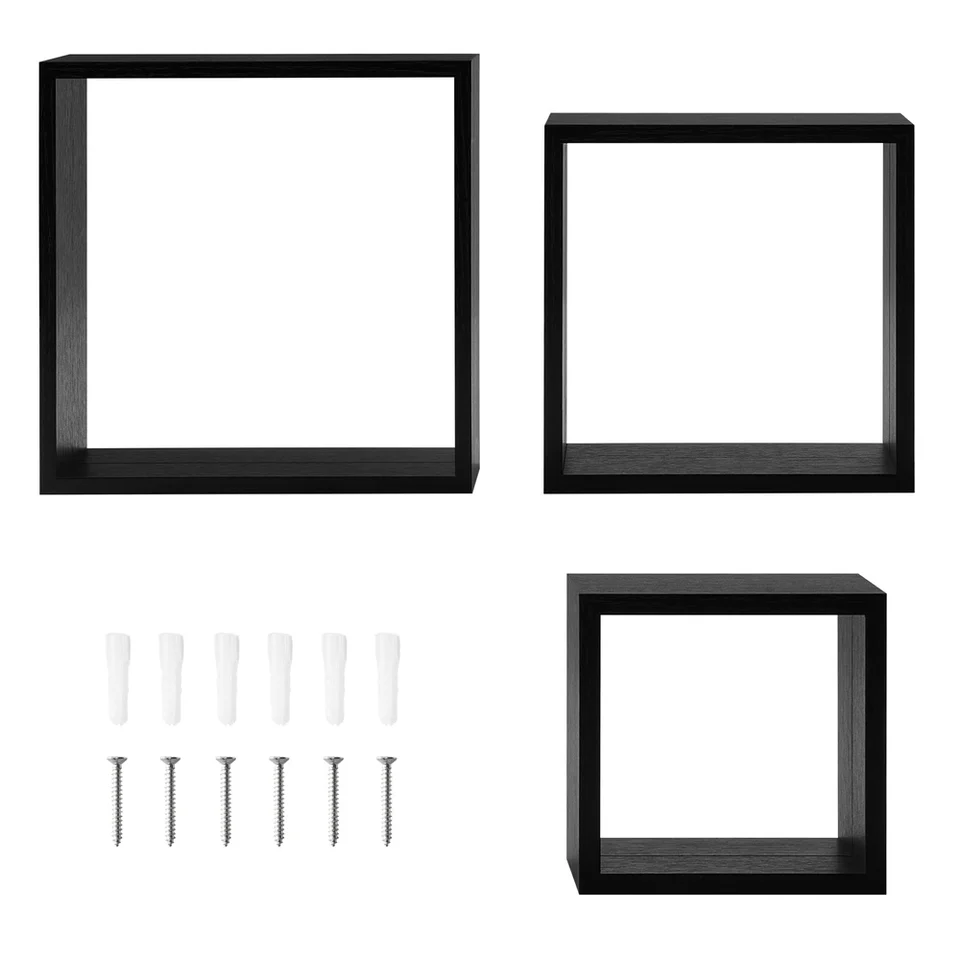 Modern Black Wood Floating Cube Shelf Set