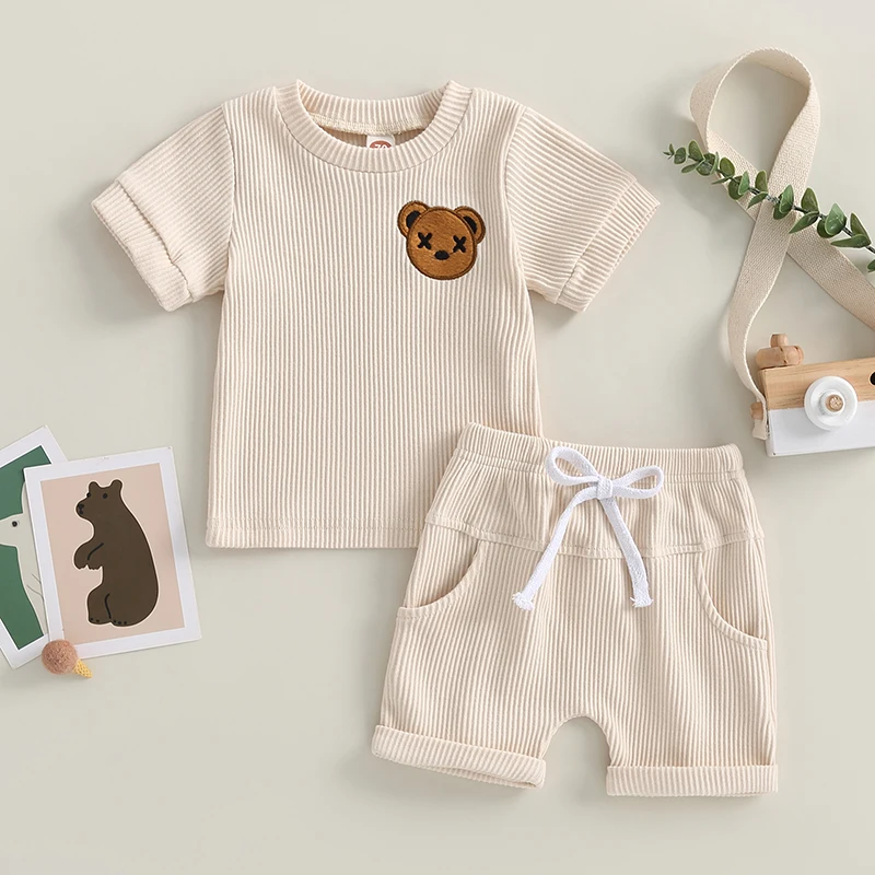 

Baby Boys Girls Summer 2pcs Outfits Bear Pattern Short Sleeve T-Shirt and Elastic Drawstring Shorts Holiday Casual Clothes Set
