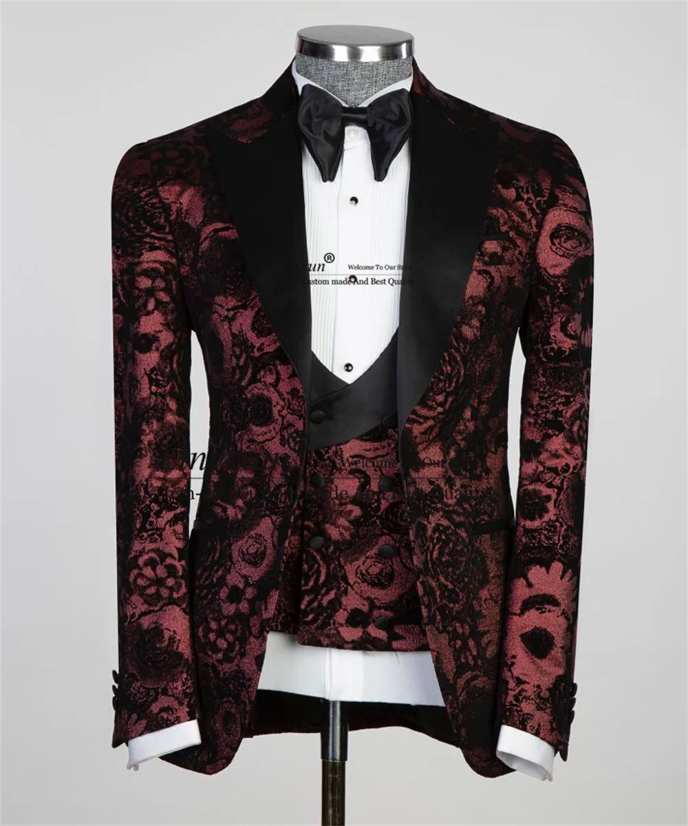 Fashion Jacquard Men Suits Notched Lapel Groom Wedding Tuxedos Male Prom Blazers Vest Pants Outfit 3 Pieces Sets Costume Homme