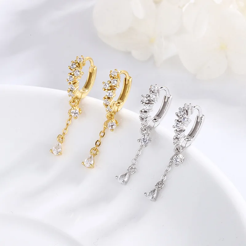 

2023 New S925 Sterling Silver Tassel Water Drop Earrings for Women's Versatile Light Luxury Ear Buckles Full of Diamond Earstuds