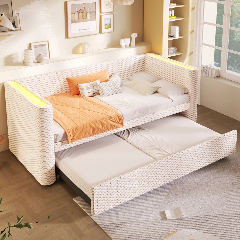 90 x 200 cm großes Samt-Tagesbett mit LED-Beleuchtung, modernes Schlafzimmer-Schlafsofa mit hydraulischem Aufbewahrungsmechanismus, Gitter, ohne Matratze – Detail 34
