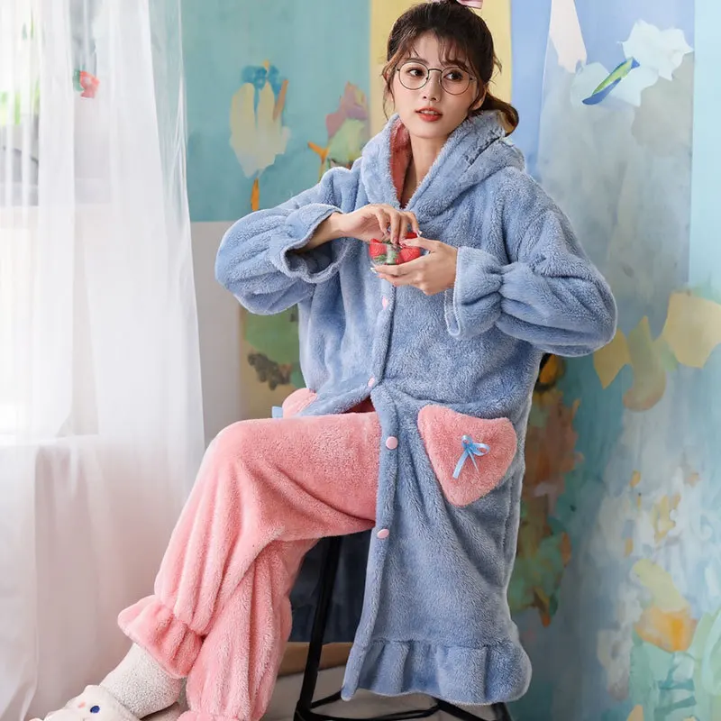 Women Winter Flannel Pajamas Set Fleece Hooded Nightgown Thick Warm Velvet Female Sleepwear Homewear Sweet Lovely Nightdress