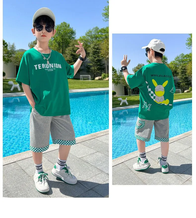 Boys cotton cartoon alphabet T-shirt with plaid shorts 2-piece outfit green 02
