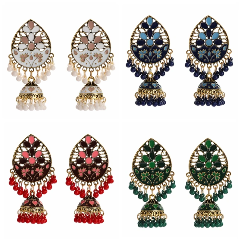 VintageEthnicGreenFlowerDangleEarringsWomenWaterDropBeads