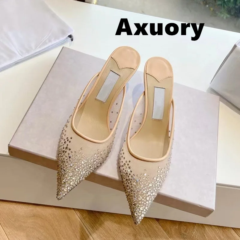 

Summer 2024 Women's High heeled slippers Sheepskin material Diamond inlay Pointed slender heel Sexy Style Party Shoe Luxury