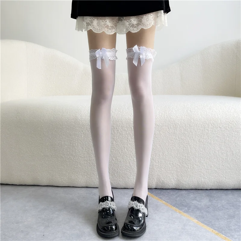 Weiße Seidenschleifenstrümpfe Damen Japanische JK Overknee-Strümpfe Sexy Spitze High Oberschenkel Netzsocken Lange Lolita-Socken – Detail 7