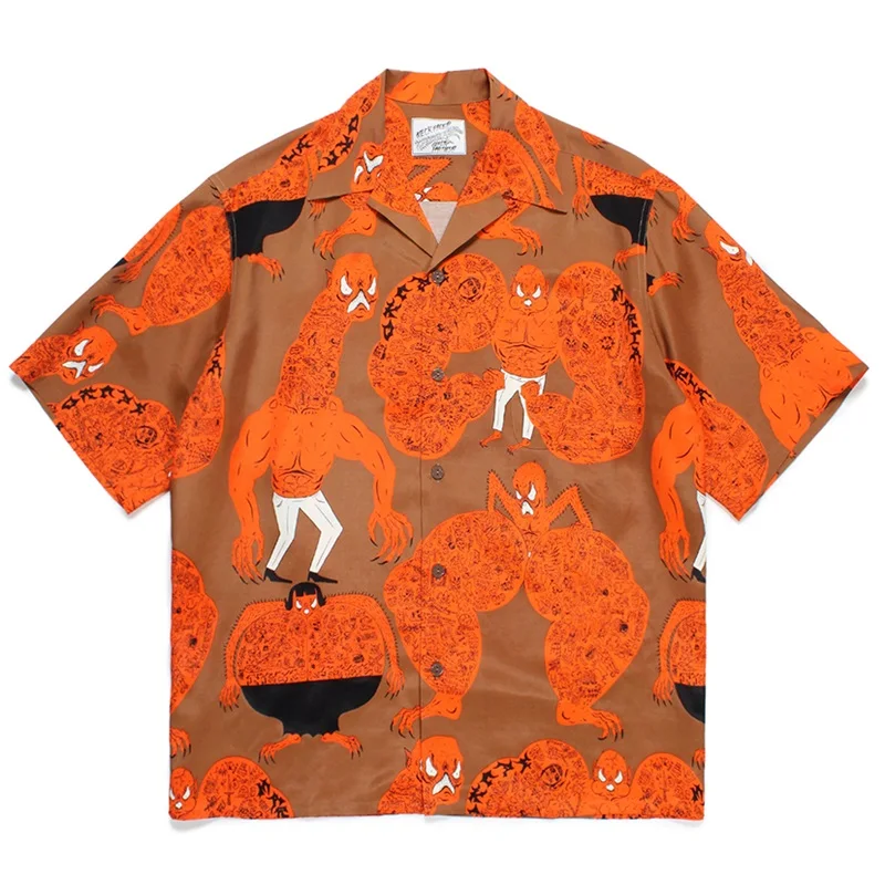 24FW Graffiti Print Pattern WACKO MARIA Shirt Retro Short Sleeve Shirt Summer Mens Womens Hawaii Shirt 2