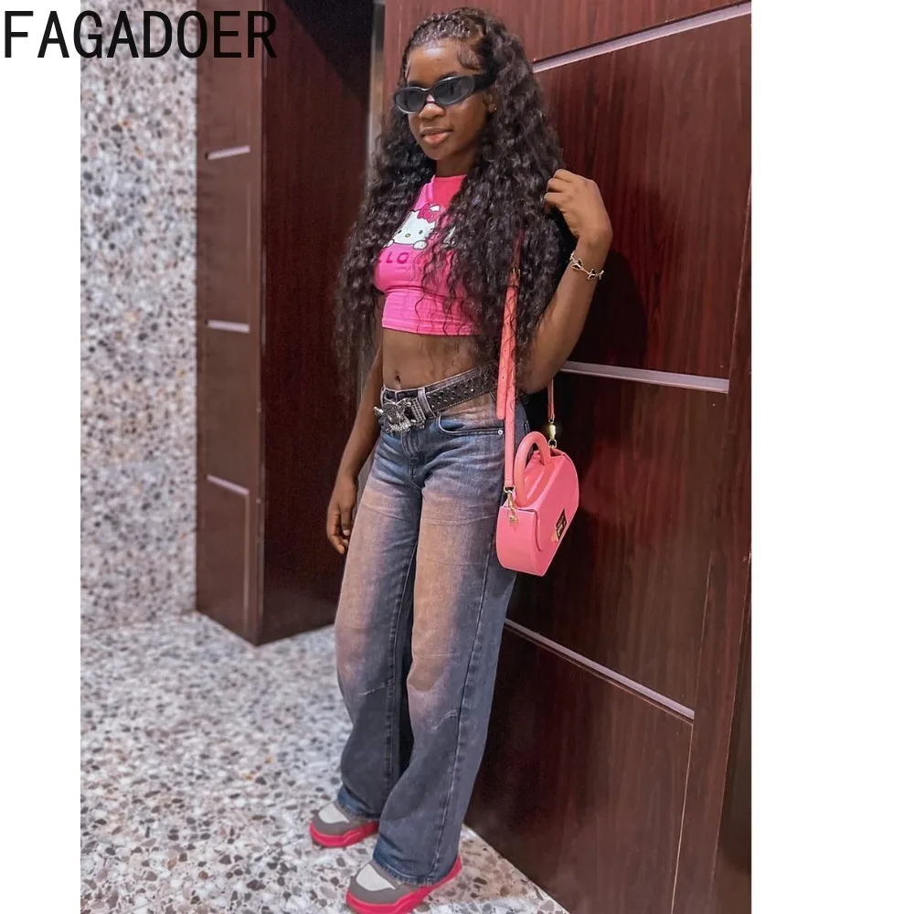 FAGADOER Fashion Streetwear Women Tie Dye Print Straight Denim Pants Casual High Waist Button Loose Jean Trousers Female Bottoms