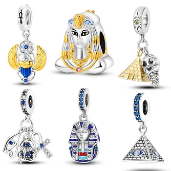 고대 이집트 문화 파라오 피라미드 스카라브 비즈 핏 팔찌, 실버 도금, 오리지널 디자인, 매력 주얼리 만들기 상품 이미지