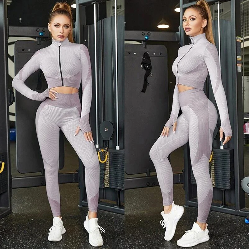 3 PCS Women's Active Wear Sets Long Sleeve Top High Waist Leggings