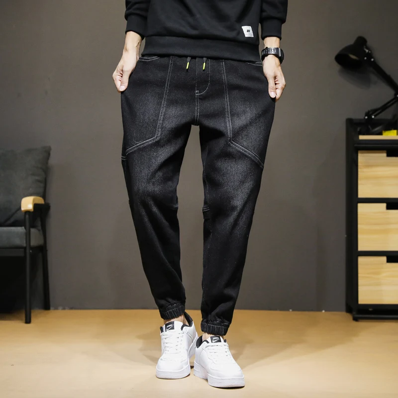 Men's Cotton Jeans Hip Hop Casual Elastic Waist Denim Pants Straight Jooger Streetwear Full Length Pants Oversize M-5XL Trousers