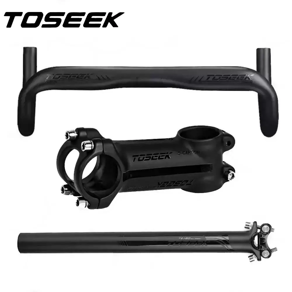 TOSEEK Black Matte Carbon Bike Road Handlebar Sets Bent Bar Stem SeatPost For Cycling Road Bicycle Parts