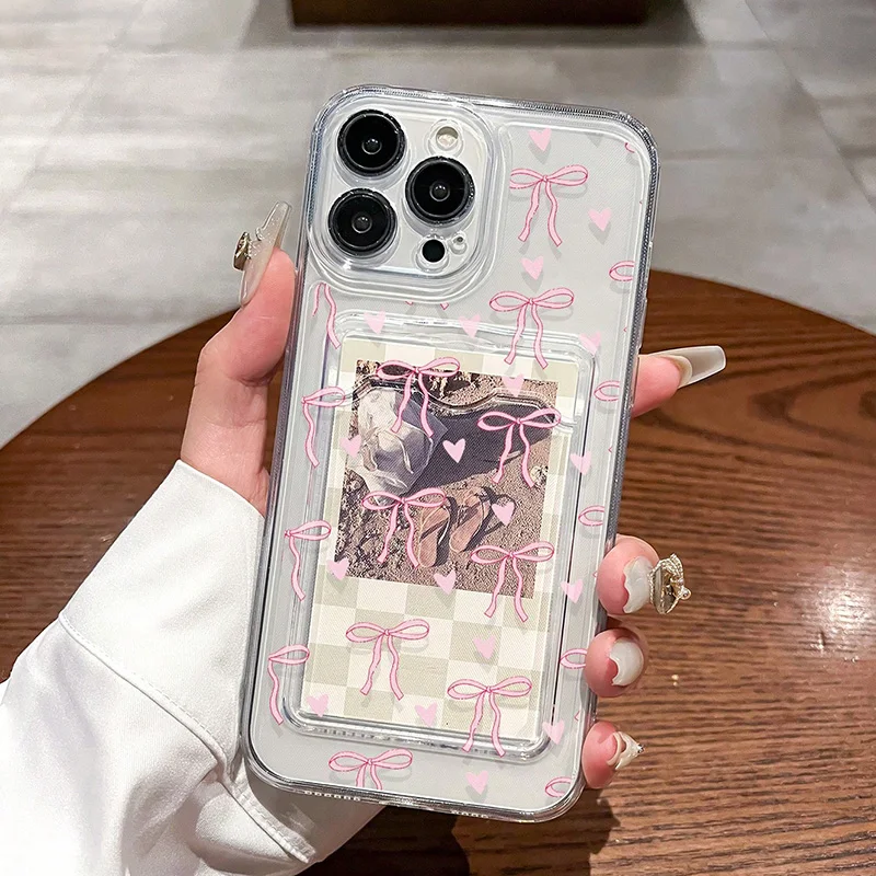 iPhone Case Transparent Card Slot Bag Holder Wallet With Bow Print Cover For iPhone 16 15 14 Pro Max 13 12 11 XS X XR 7 8 Plus SE