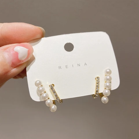 New Design Geometric Pearl Rhinestone Temperament Earrings Korean Fashion Jewelry For Women's Gift Party Luxury Accessories