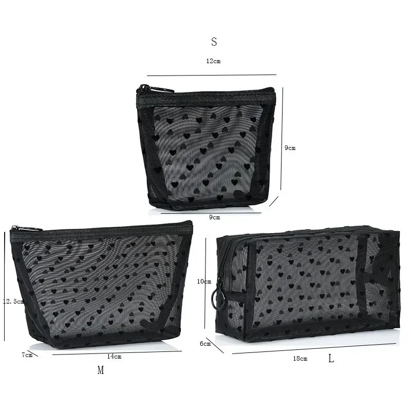 1PCS Transparent Make Up Bag for Women Girl Travel Storage Wash Bag Makeup Organizer Case Pouch  Love Heart Mesh Cosmetic Bag 3
