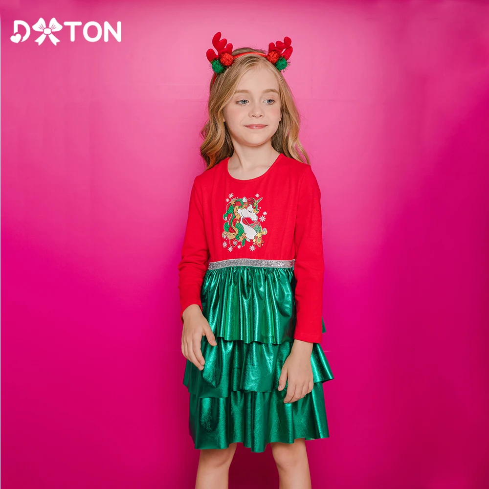 

DXTON New Year Christmas Girls Dresses Unicorn Cartoon Toddlers Casual Kids Dress For Girls Patchwork Children Dress Outfits