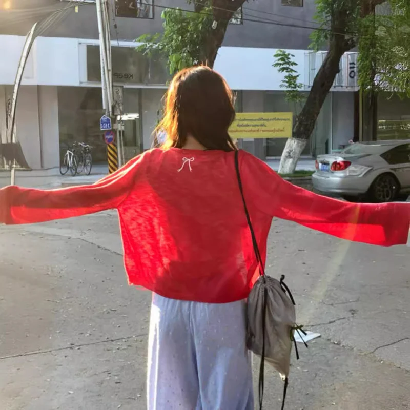 여성용 레드 가디건, 뒷면에 리본 자수가 있는 여름 얇은 니트 아우터, 패셔너블한 에어컨 탑