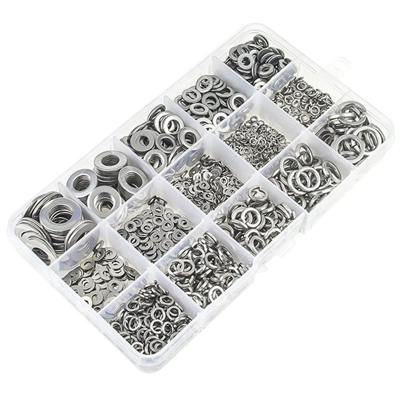 

304 Stainless Steel Flat Washer And Lock Washer Assortment Set(1400 Pieces, 8 Sizes) - M2 M2.5 M3 M4 M5 M6 M8 M10