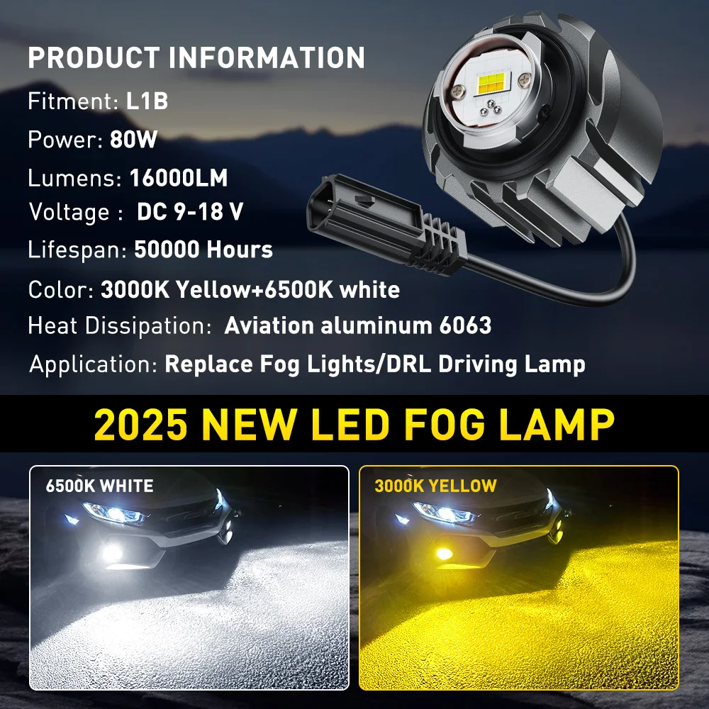 2개 AUXITO L1B LED 안개등 80W 16000LM 캔버스 안개등 DRL 주행등 토요타 혼다용 노란색 흰색 자동차 전구 팬리스 12V