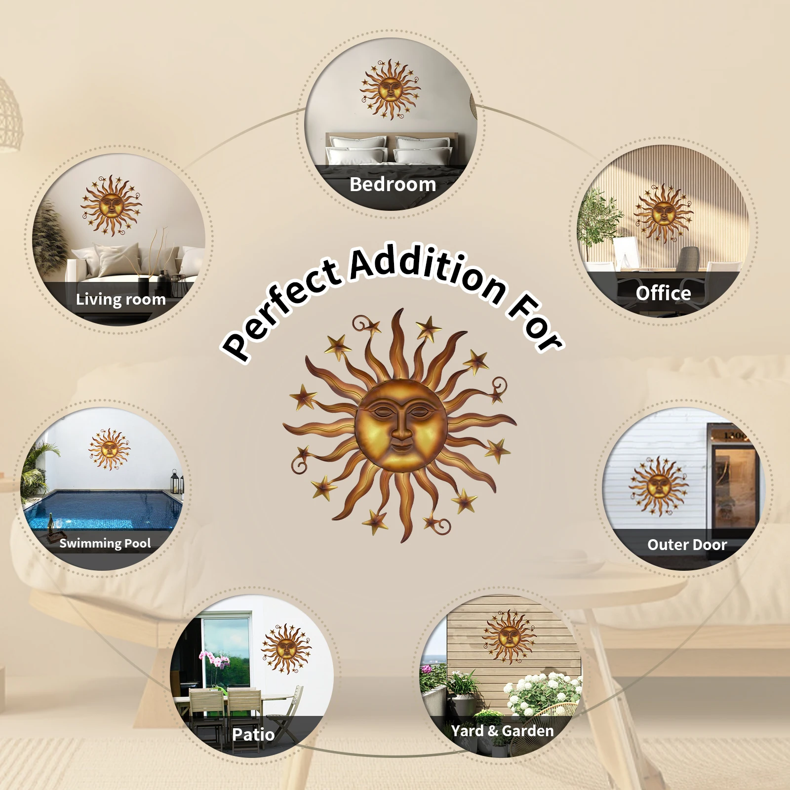 24 인치 태양 금속 벽 아트, 야외 장식, 3D 태양 얼굴 금속 벽 조각, 걸이식 장식 선물, 홈 악센트, 침실에  이상적-Freehip.co.kr