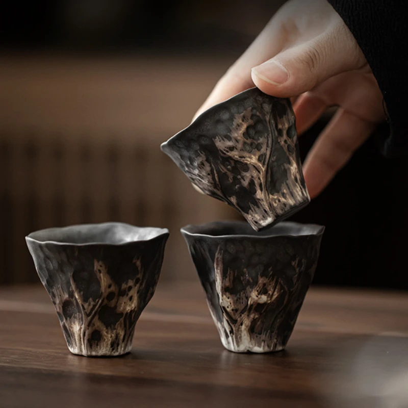 Japanese style wabi-sabi style lotus rhyme tea cup rough pottery kung fu tea set tasting cup small single master