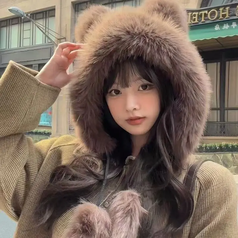 곰 봉제 보넷 어린이 얼굴, 작고 두껍고 따뜻한 귀 보호, 귀여운 모조 여우 모피 우샨카, 가을 및 겨울