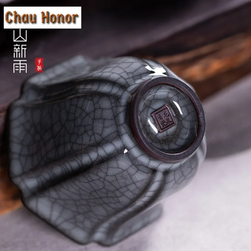 85ml Handmade Longquan Celadon Iron Tire Teacup Tea Bowl Beautiful Cup Saucer Kit Tea-tasting Mug Chazhan Master Cups Drinkware