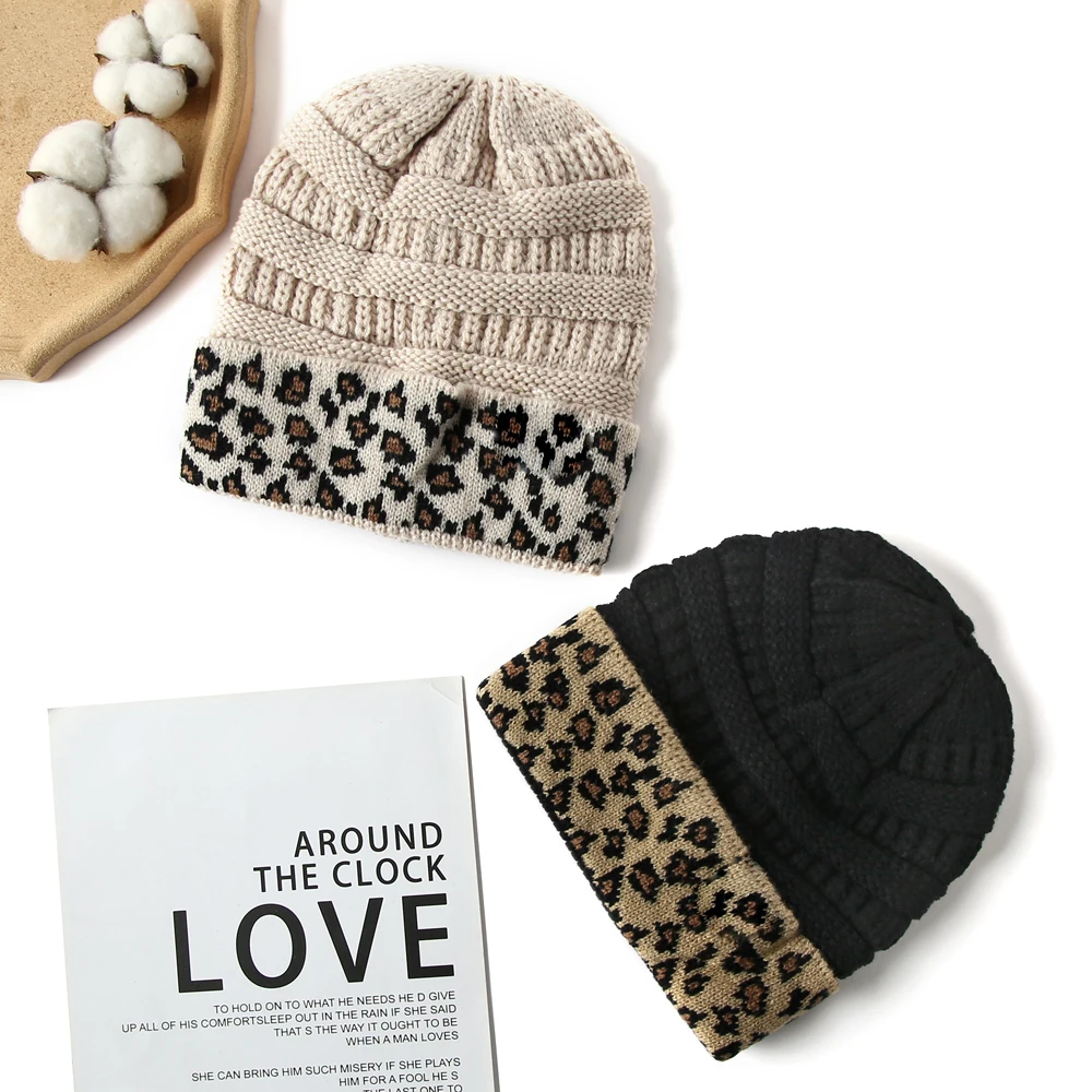 10 Colors Leopard Beanie Women Stretch Knitted Crochet Beanies Winter Hats For Women Warm Lady Messy 2